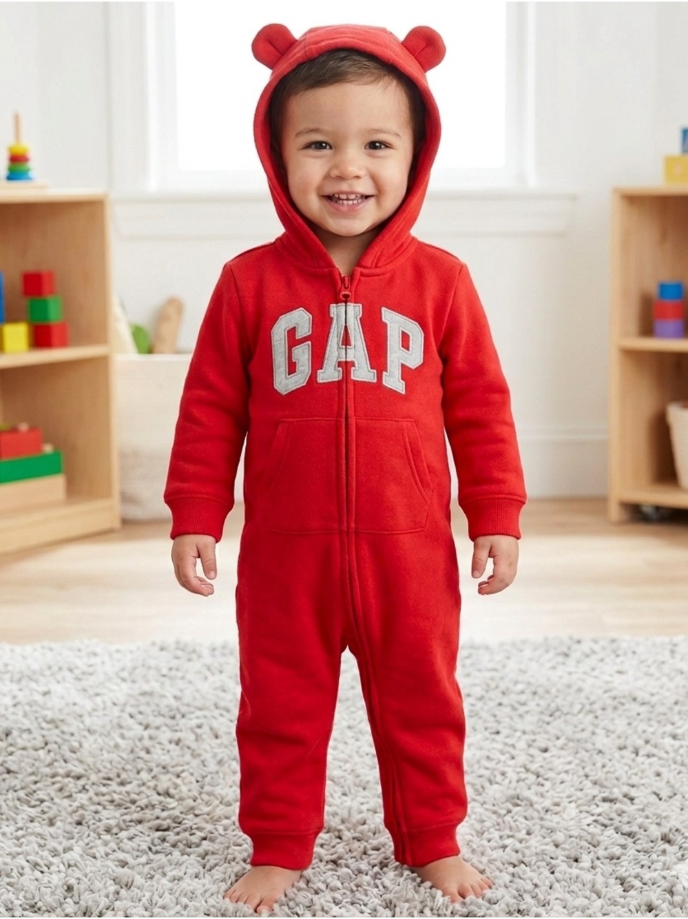 GAP Red Hooded Bear-Ear Fleece One-Piece Romper